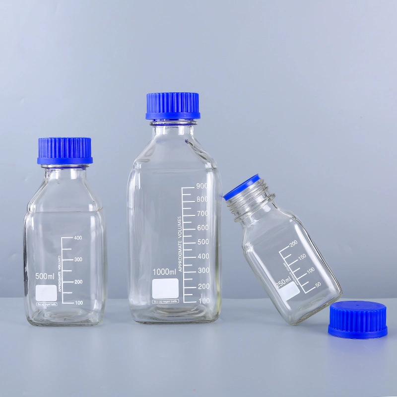 High Quality Laboratory Glass Reagent Bottle 100ml 250ml 500ml 1000ml 2000ml 3000ml Square Glassware